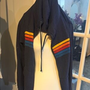 Navy Hoodie with Colorful Stripes